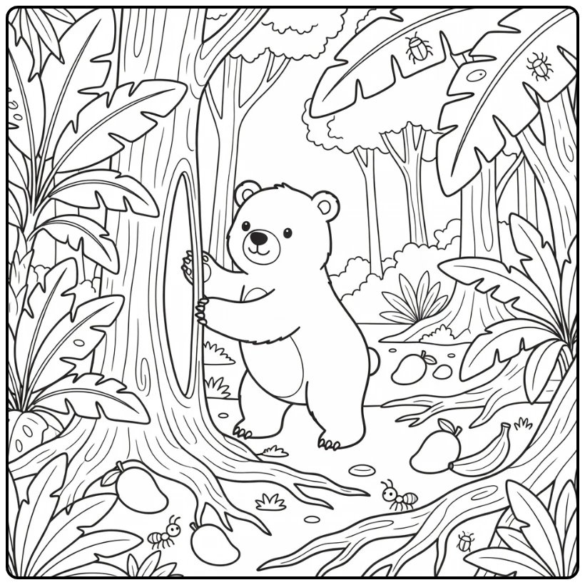 Jungle animals coloring page: sun bear foraging in tree trunk