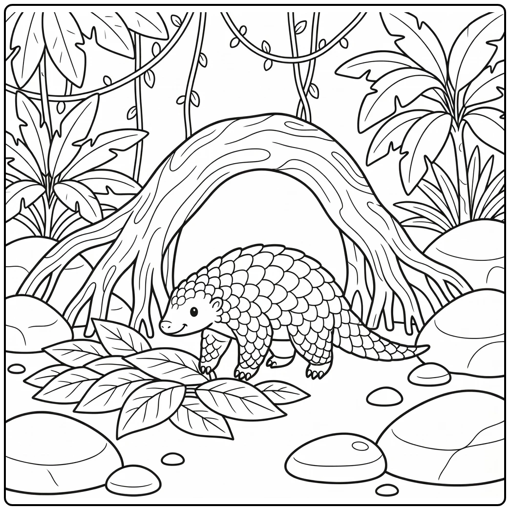 jungle animals coloring page: cute pangolin amid vines & roots