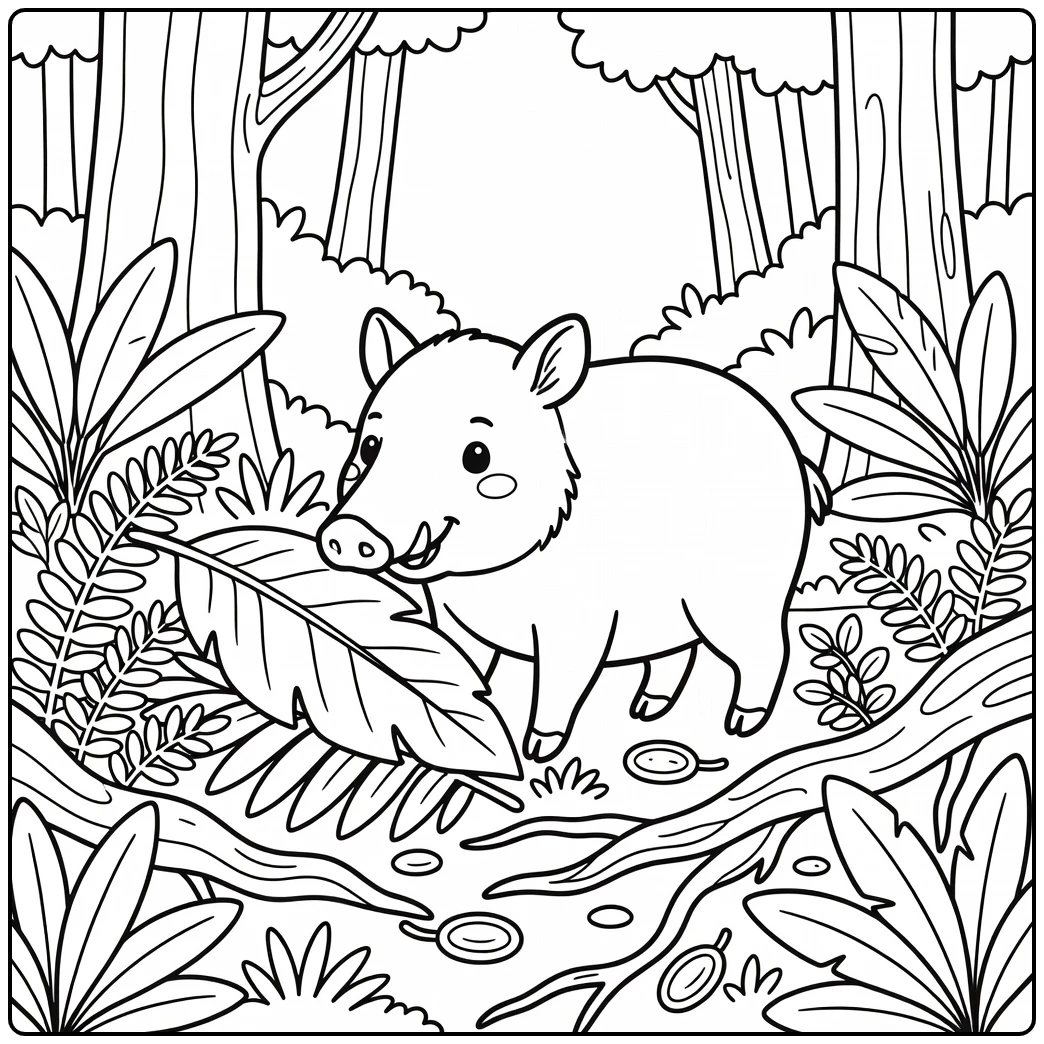 Jungle animals coloring page: peccary nudges palm leaf in brush