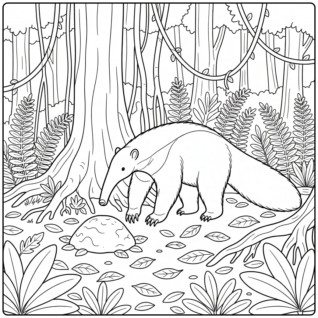 Jungle animals coloring page: giant anteater at insect mound