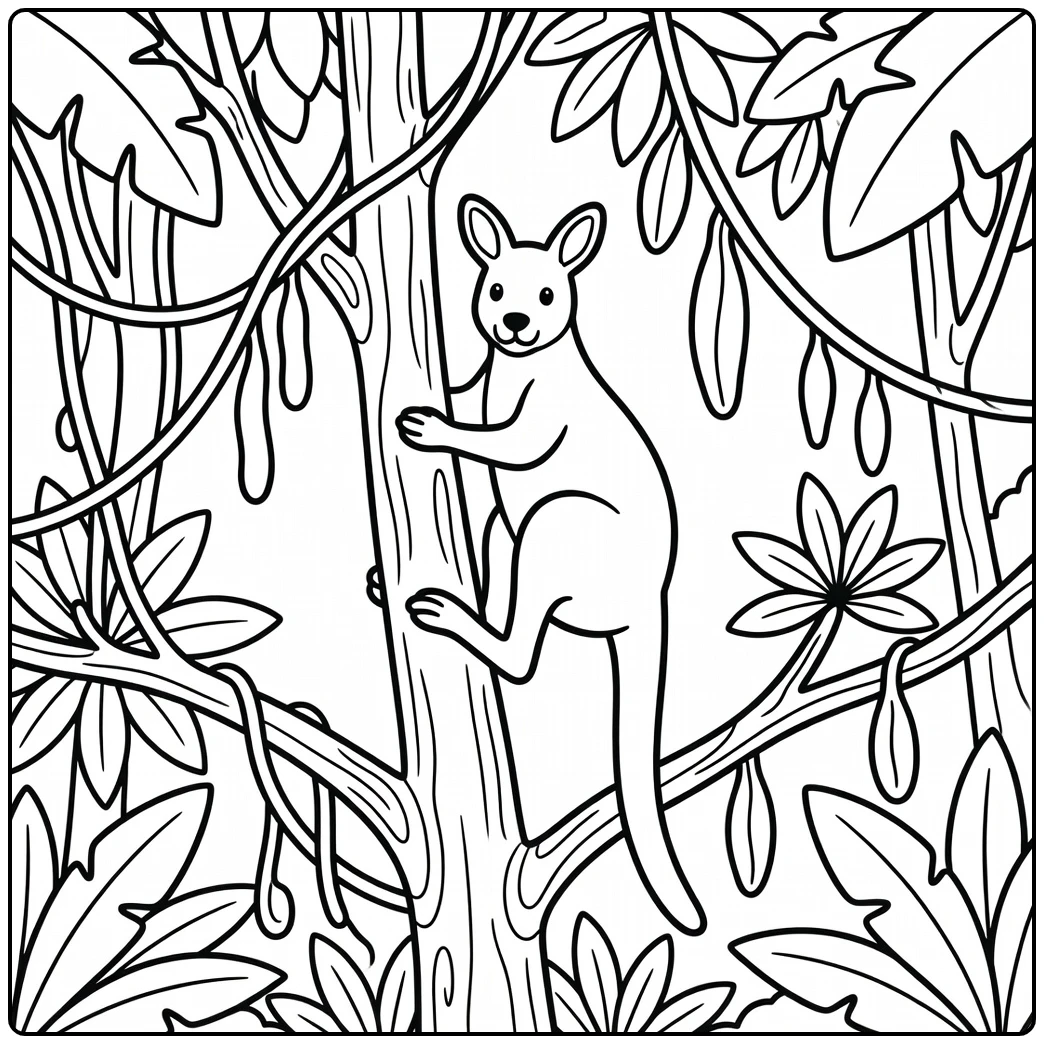 Jungle animals coloring page: tree kangaroo climbing trunk