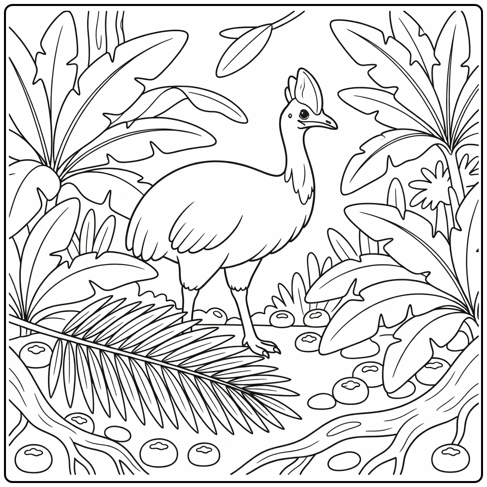 Jungle animals coloring page: cassowary amid giant leaves