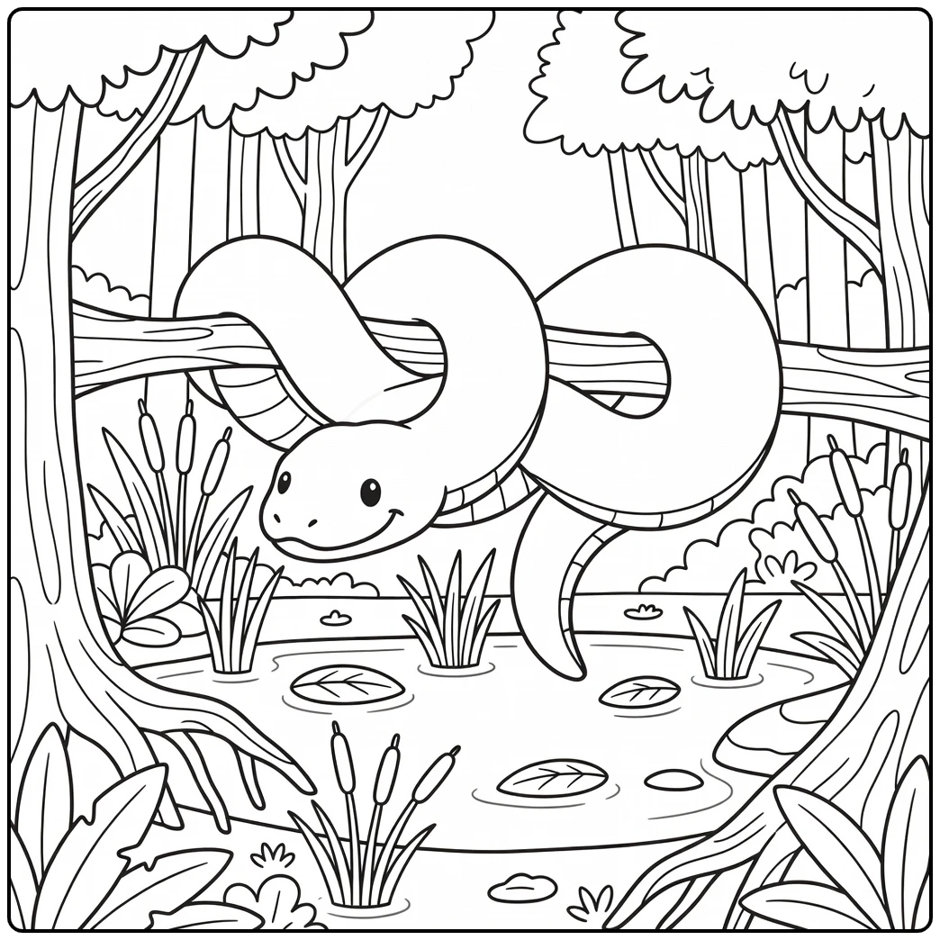 Jungle animals coloring page: coiled anaconda over pool