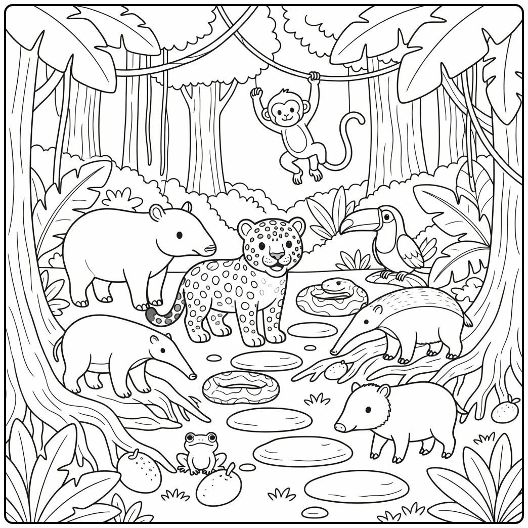 Jungle animals coloring page: 8 rainforest species on trail