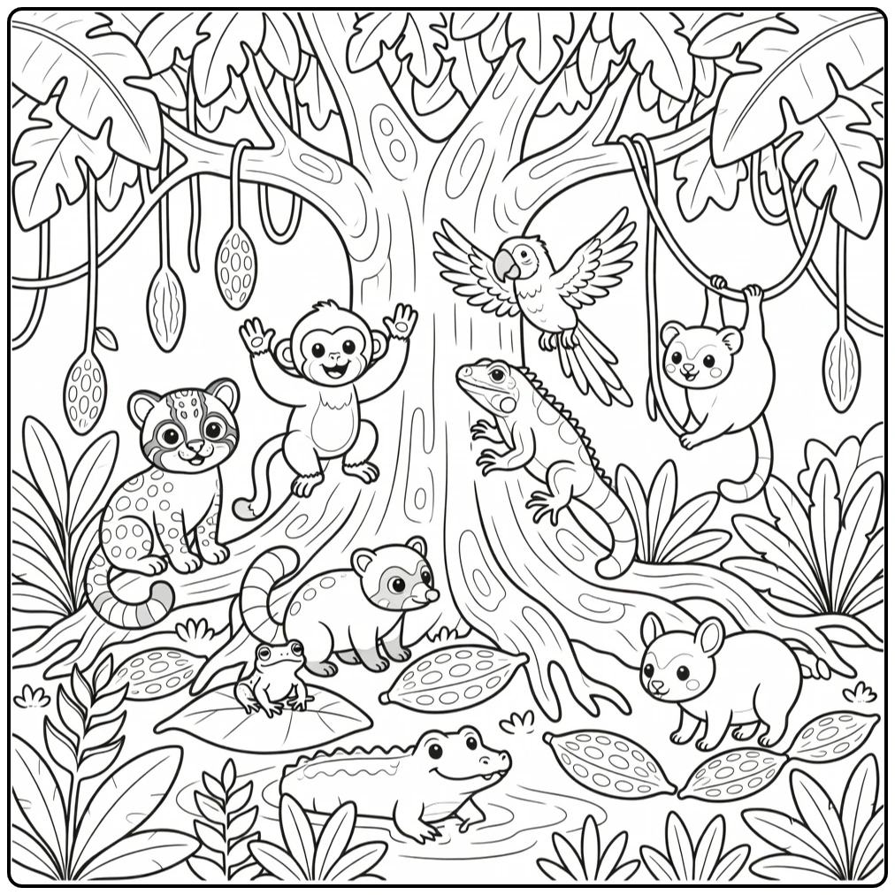 Jungle animals coloring page: rainforest creatures at kapok tree