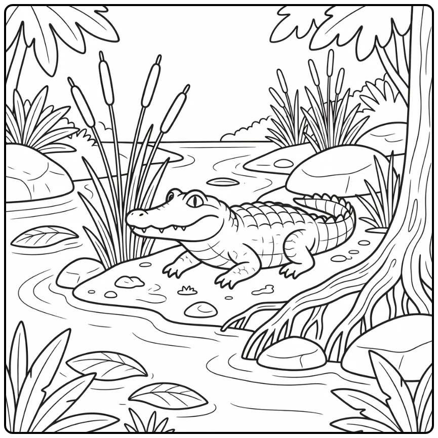Jungle animals coloring page: spectacled caiman on riverbank