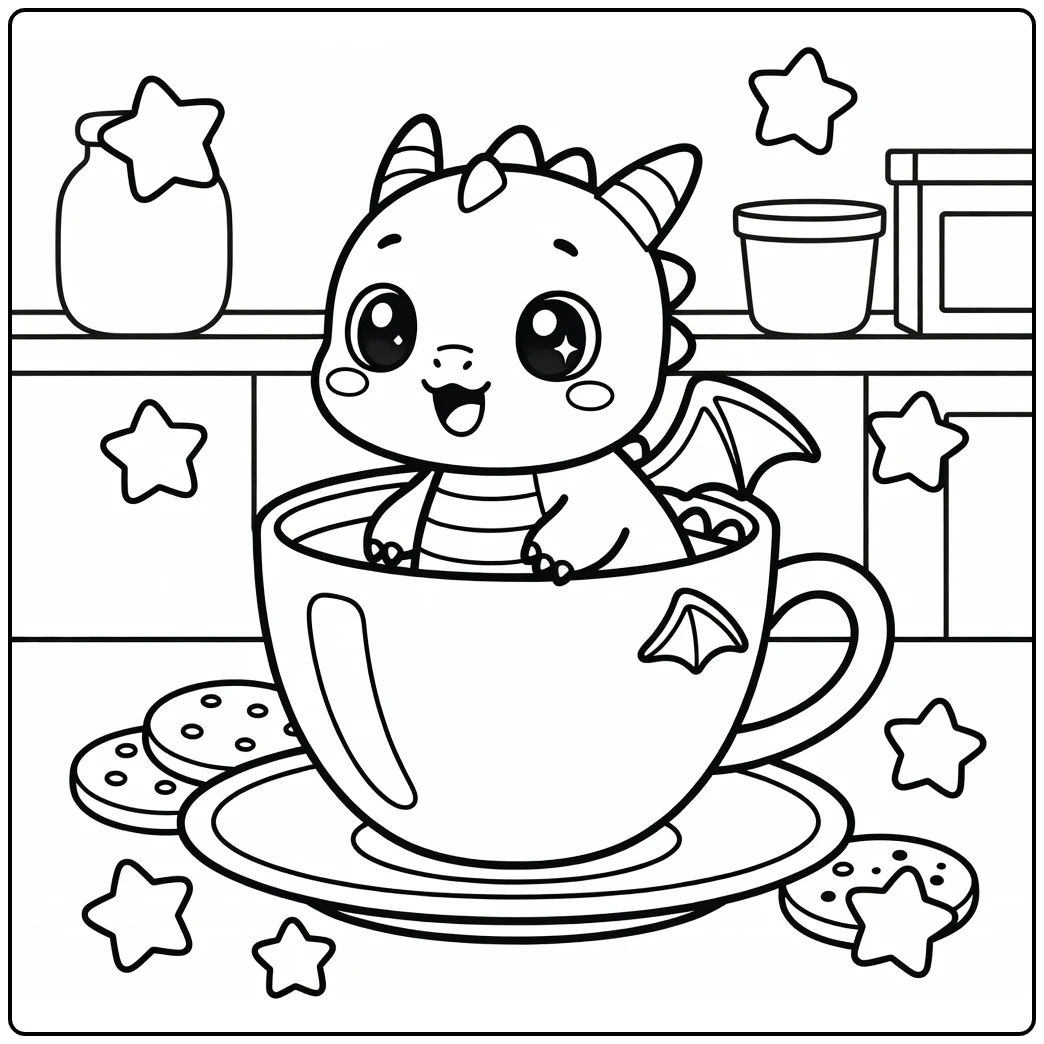 Kawaii baby dragon coloring page: squeeze into tiny teacup