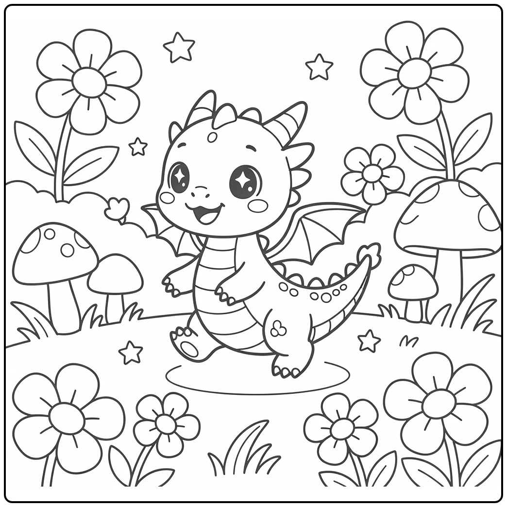 Kawaii baby dragon coloring page: tail-chasing spin