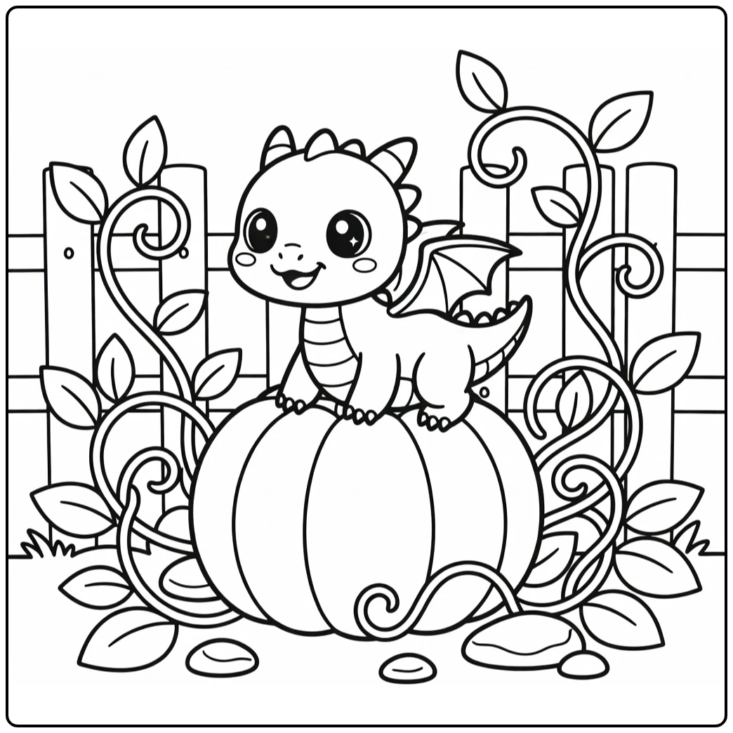 Kawaii baby dragon coloring page balancing on pumpkin