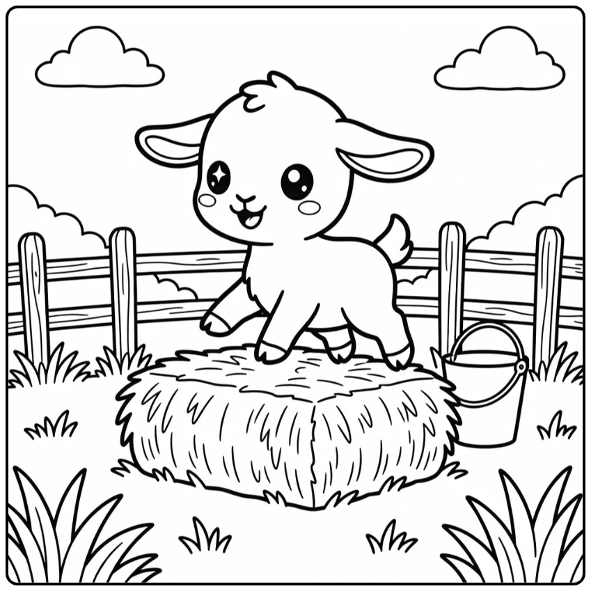 Kawaii chibi animal coloring page: baby goat on hay bale