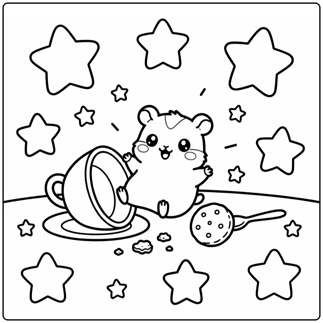 Kawaii chibi animal coloring page: hamster tumbling from teacup chasing cookie