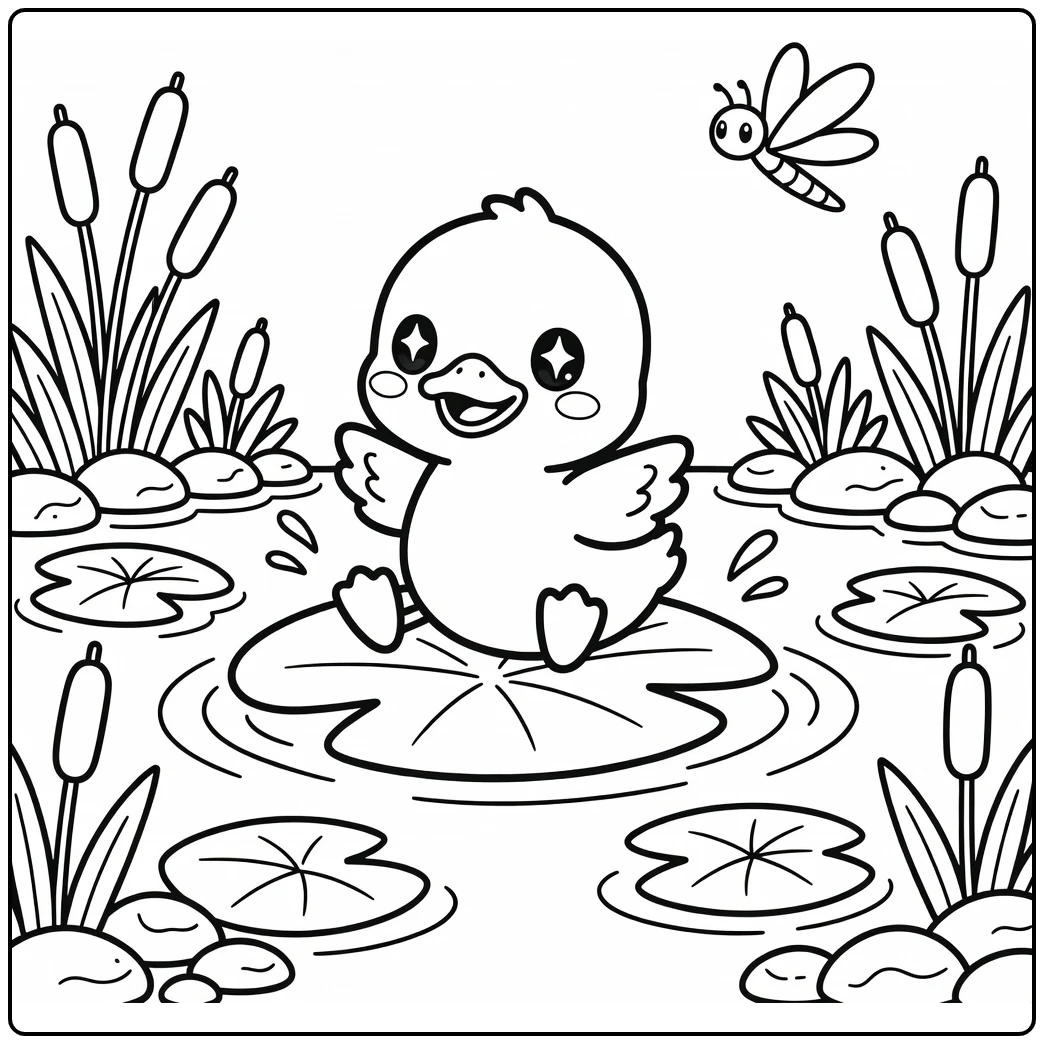 Kawaii chibi animal coloring page: duckling slips on lily pad