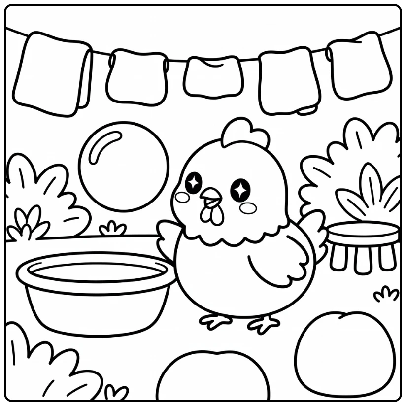 Kawaii chicken coloring page with soap bubble in backyard