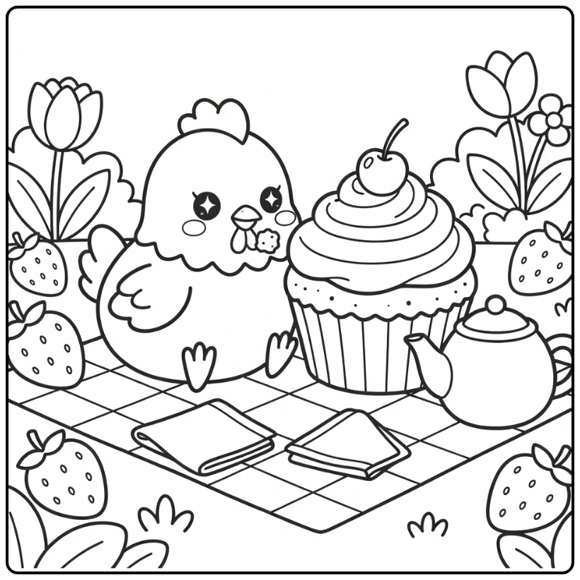 Kawaii chicken coloring page with oversized cupcake picnic