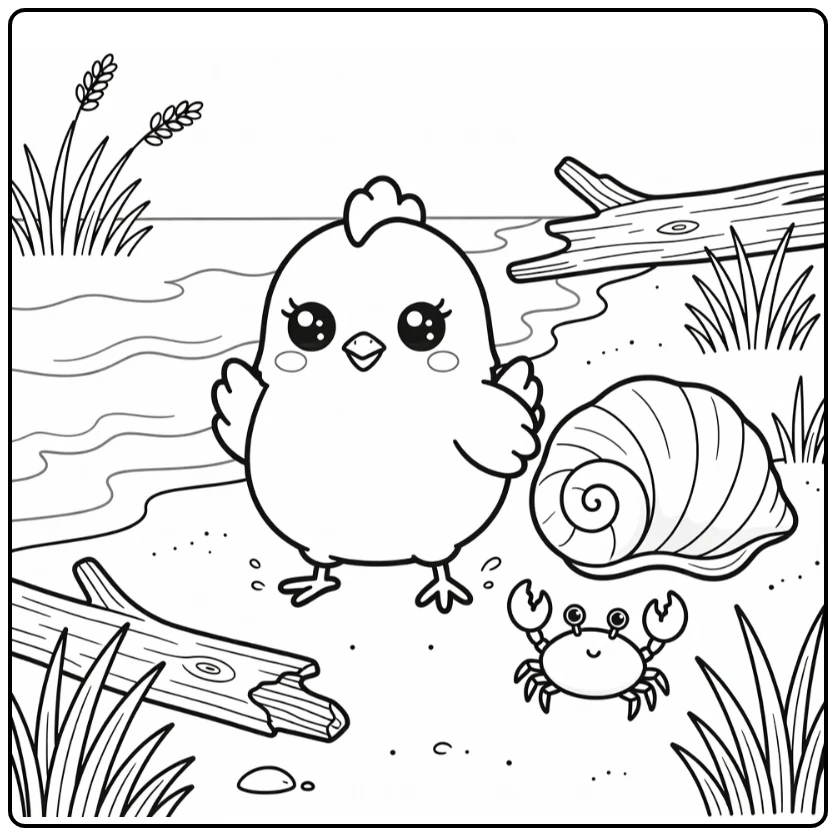 Kawaii chicken coloring page in whimsical beach scene