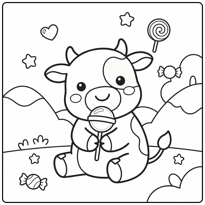 Kawaii cow coloring pages: cow holds lollipop, stars float
