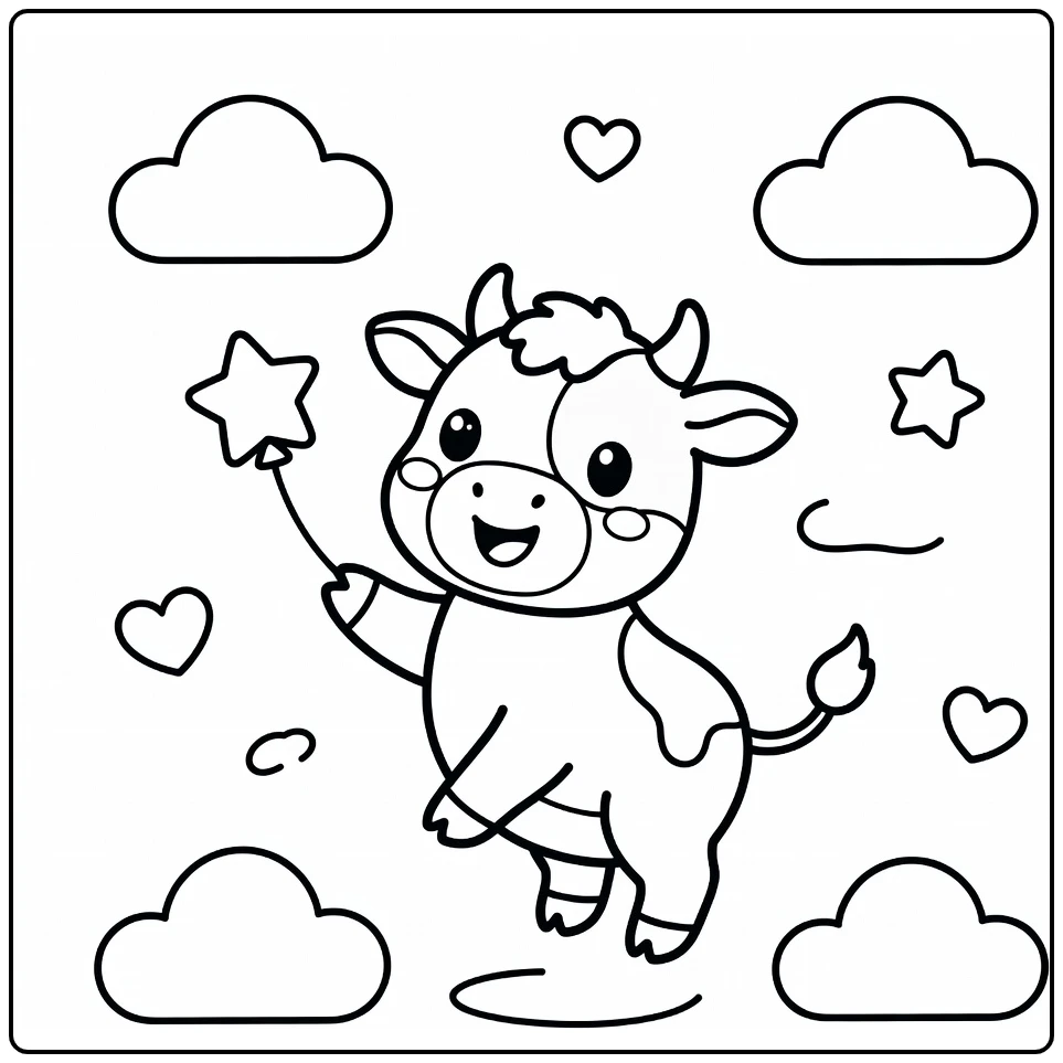 Kawaii cow coloring pages: bouncy cow reaches for star balloon