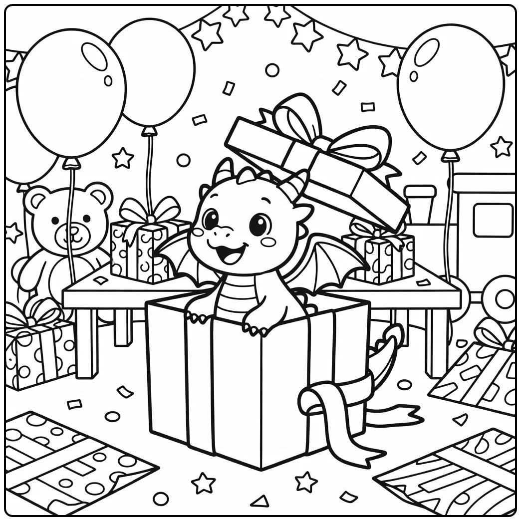 Kawaii dragon coloring page peeking from gift box with ribbon