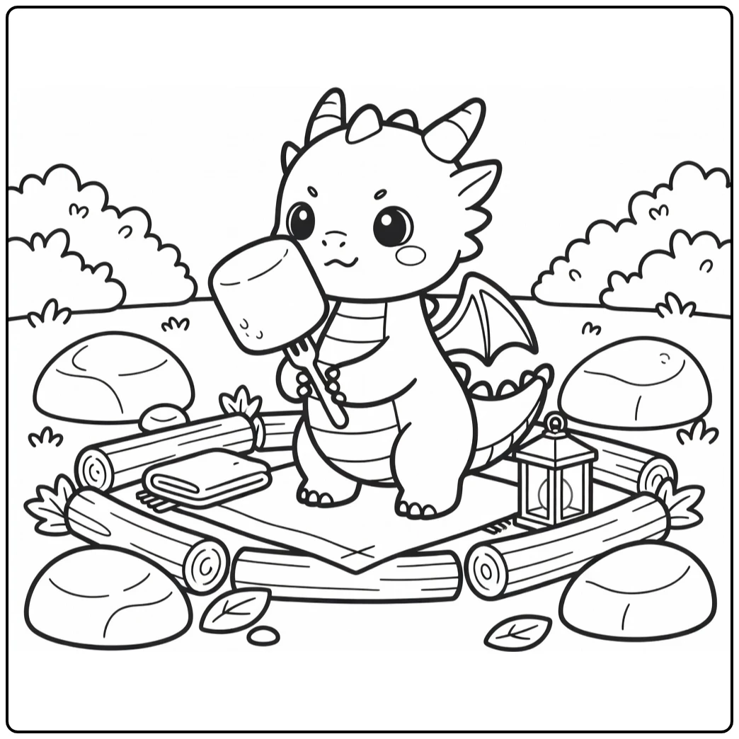 Kawaii dragon coloring page: baby dragon with giant marshmallow on fork at camp
