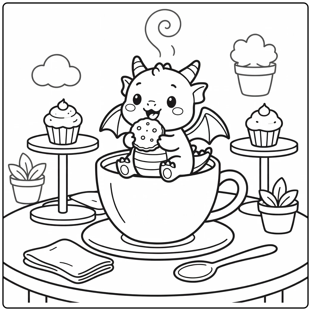 Kawaii dragon coloring page of chubby dragon in teacup eating cookie