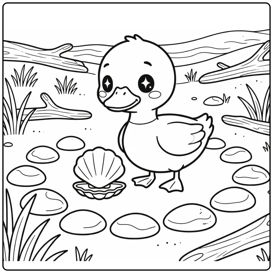 Kawaii duck coloring page with seashell inspection on dunes