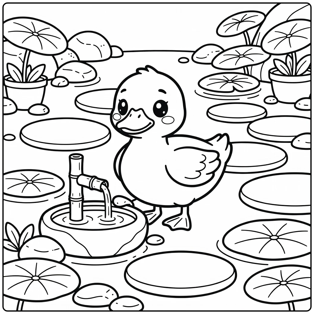 Kawaii duck coloring page with bamboo spout and lotus leaves