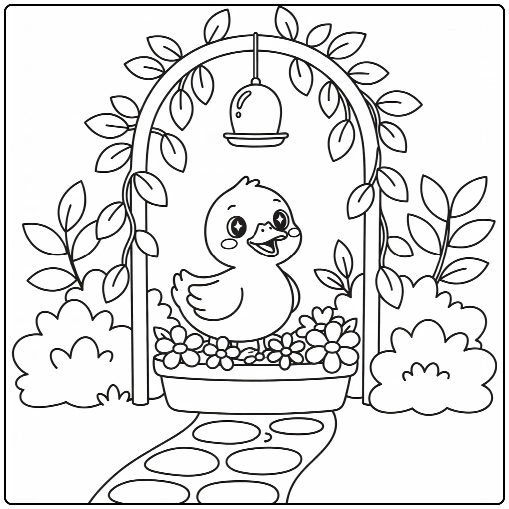 Kawaii Duck Coloring Page Featuring Cute Duck in Garden