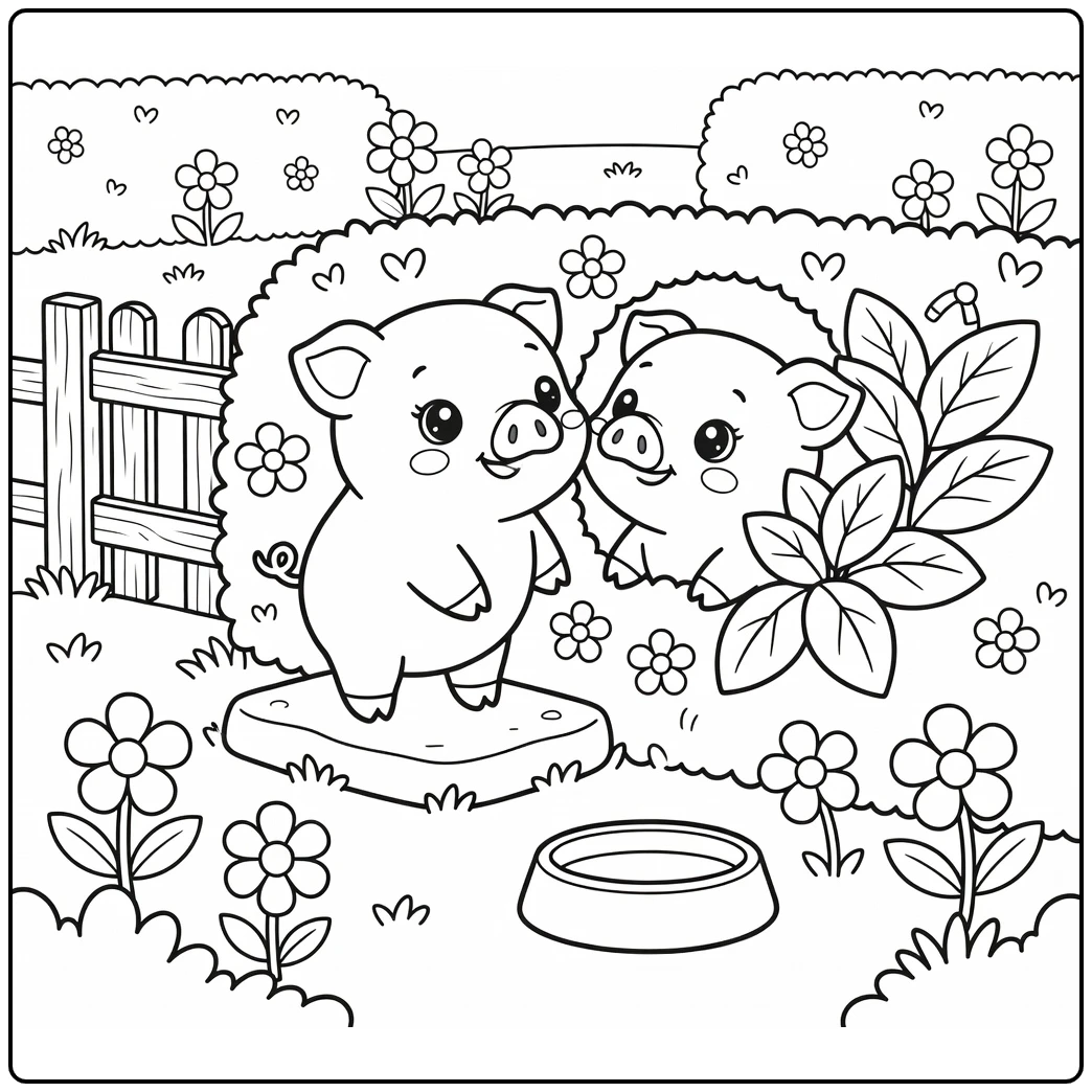 Kawaii pig coloring page of two piglets in a farm hedge