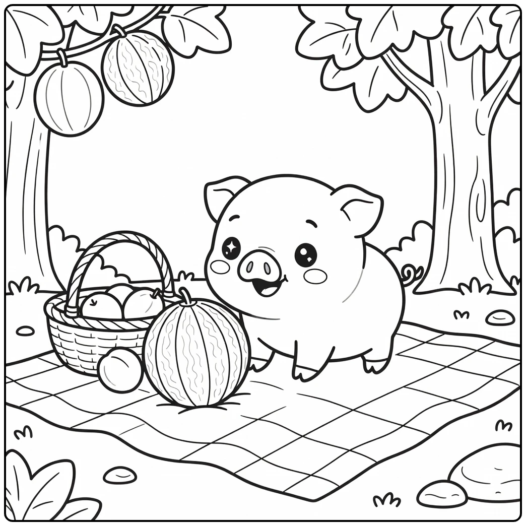 Kawaii pig coloring page of cute piglet nudging melon