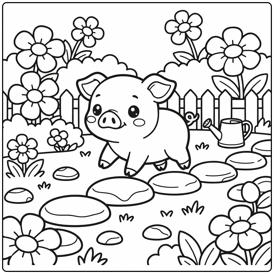 Kawaii pig coloring page of a cute piglet in a farm garden