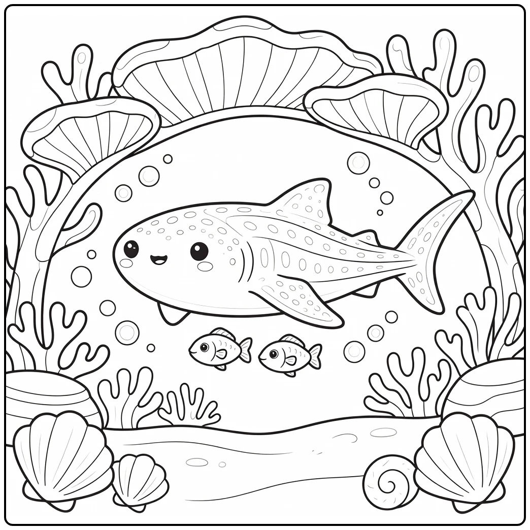 Kawaii sea animals coloring page: whale shark with tiny fish under coral arch