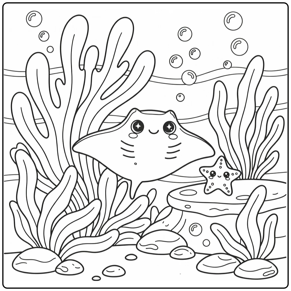 Kawaii sea animals coloring page: manta ray peeks behind sea fan