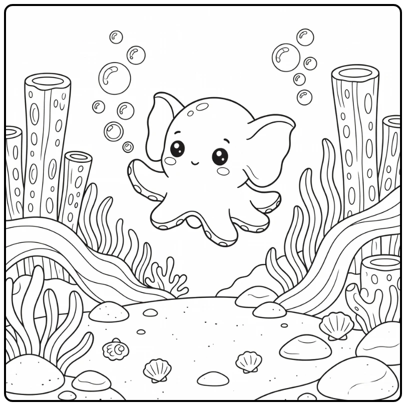 Kawaii sea animals coloring page: dumbo octopus grabs bubble