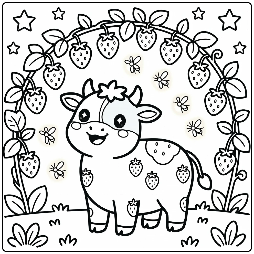 Kawaii strawberry cow coloring pages: delighted cow under trellis