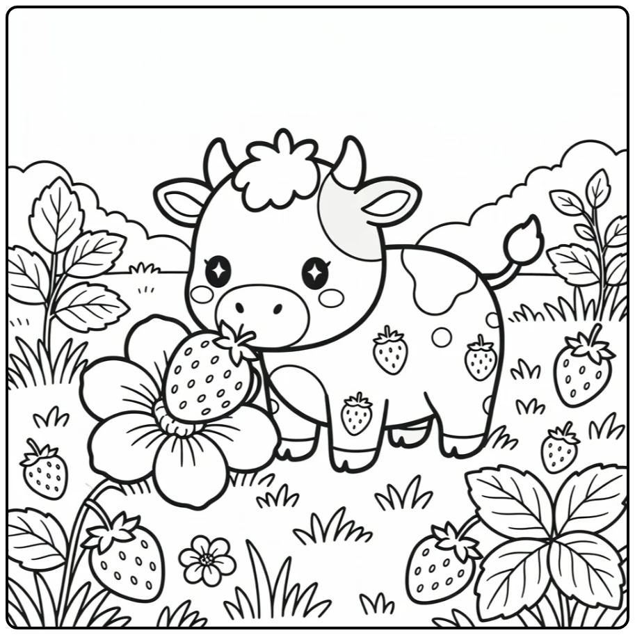 Kawaii strawberry cow coloring pages: nudging giant blossom
