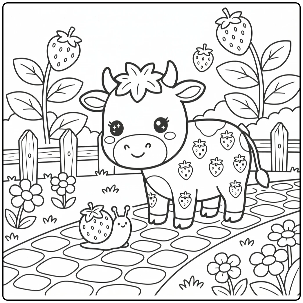 kawaii strawberry cow coloring pages: cow greets snail