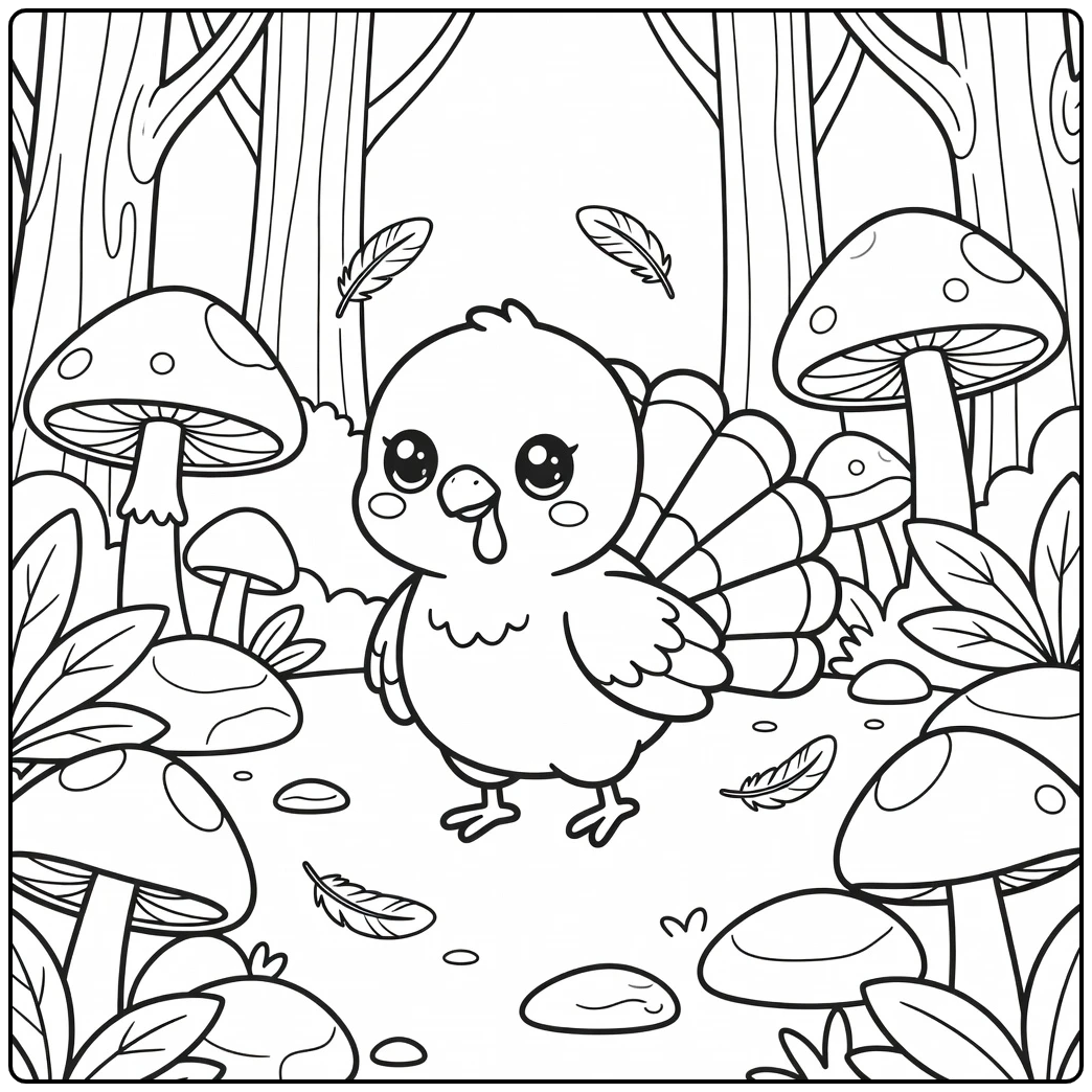 kawaii turkey coloring page in woodland with mushrooms