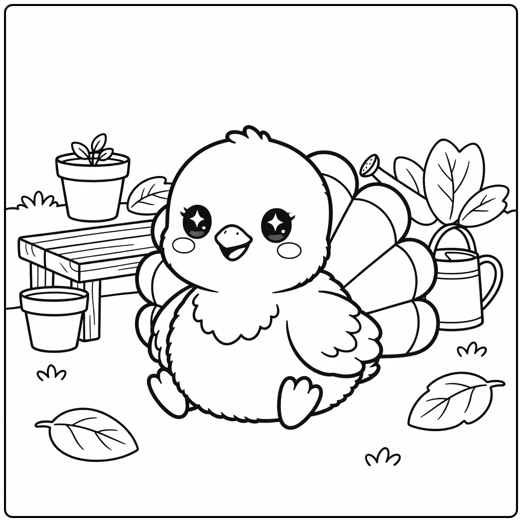 kawaii turkey coloring page baby turkey with big eyes in garden