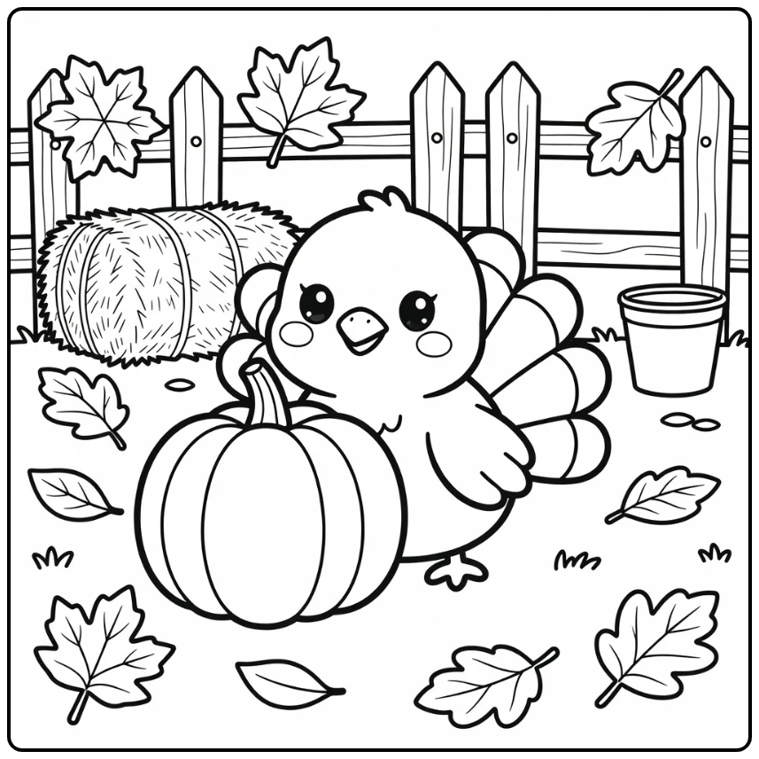 Kawaii turkey coloring page of chubby turkey and pumpkin