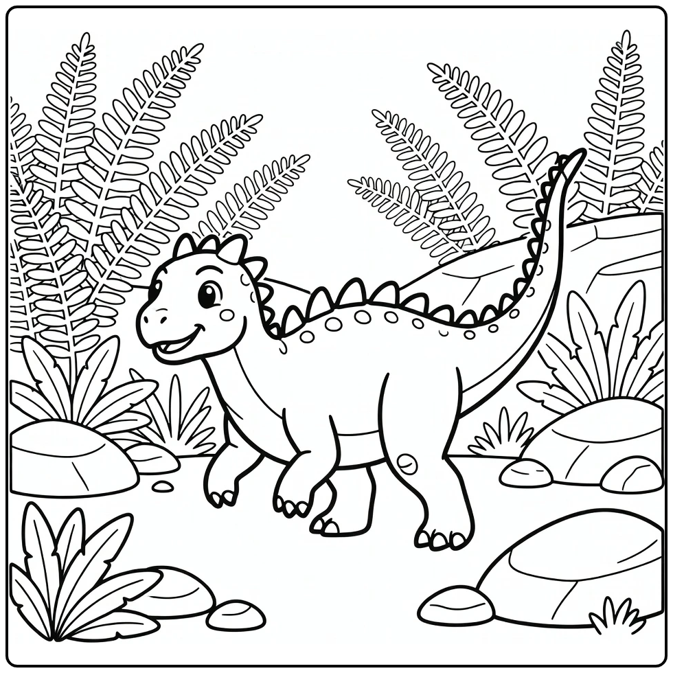 Kentrosaurus dinosaur coloring page walking among ferns