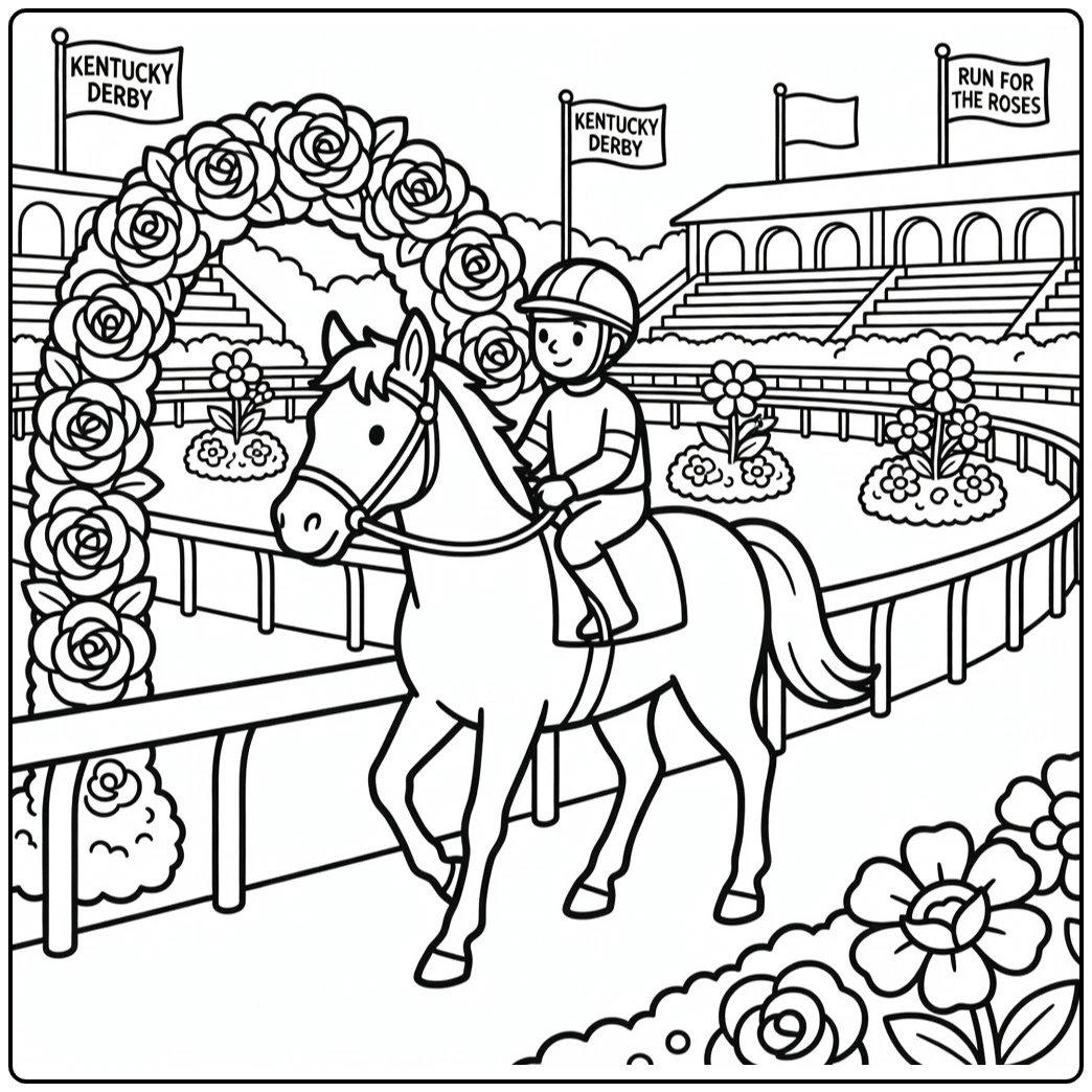 Kentucky Derby horse coloring page in festive paddock scene