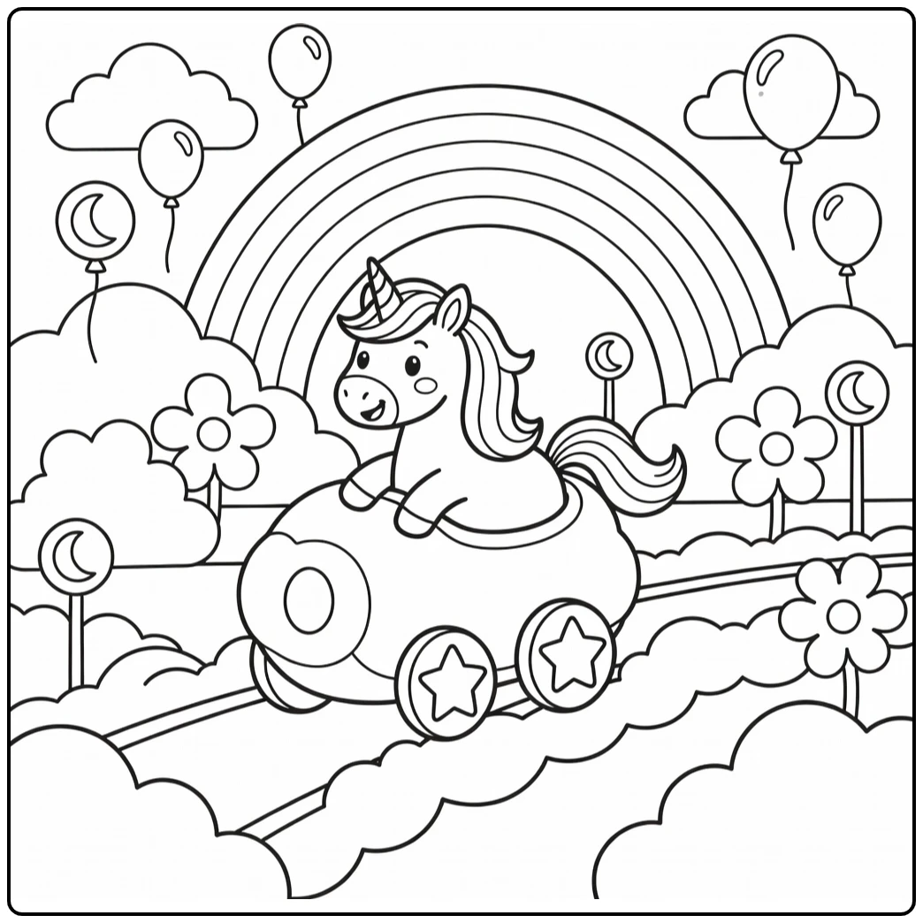Kids rainbow cute unicorn coloring page: unicorn train ride