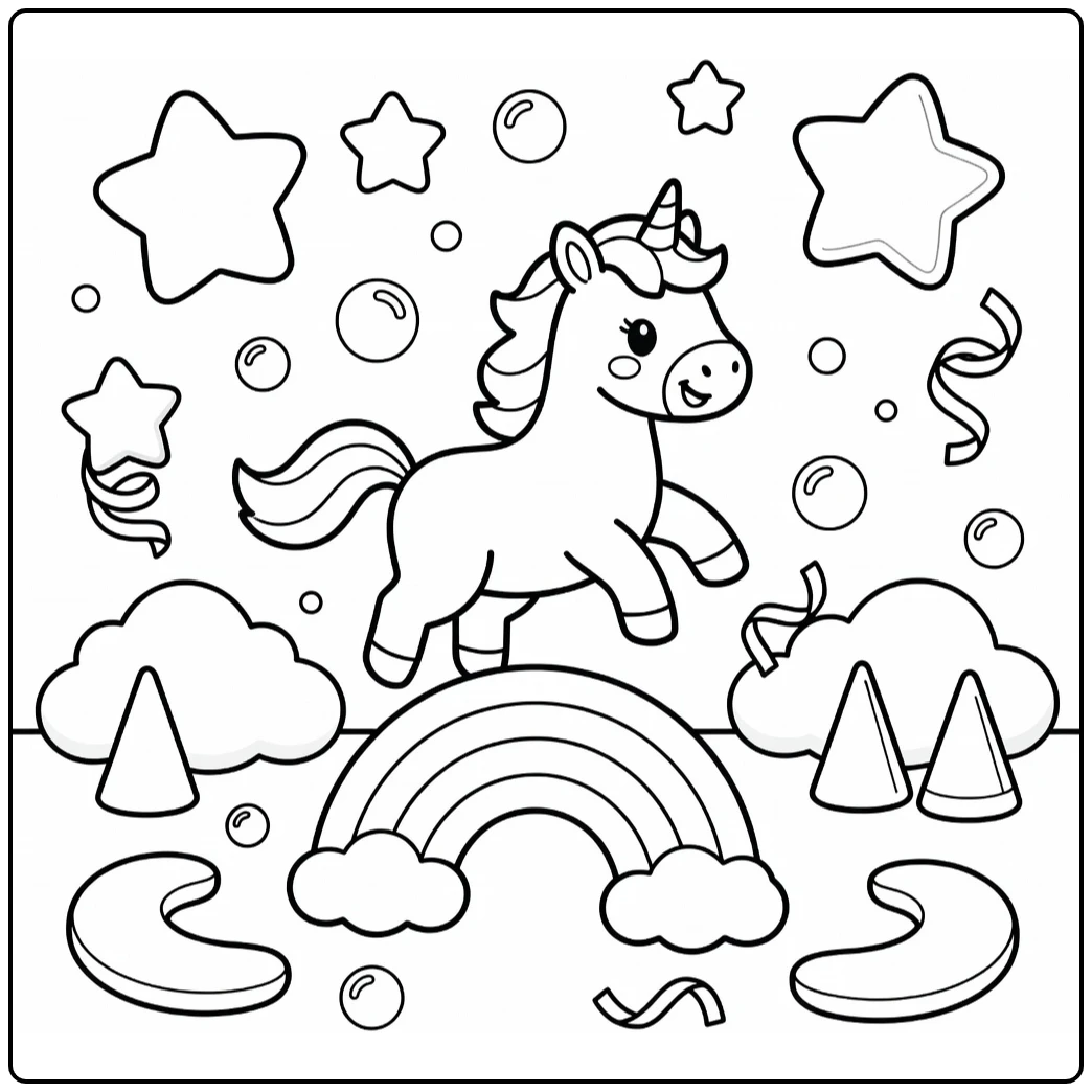kids rainbow cute unicorn coloring page: bouncing on pogo