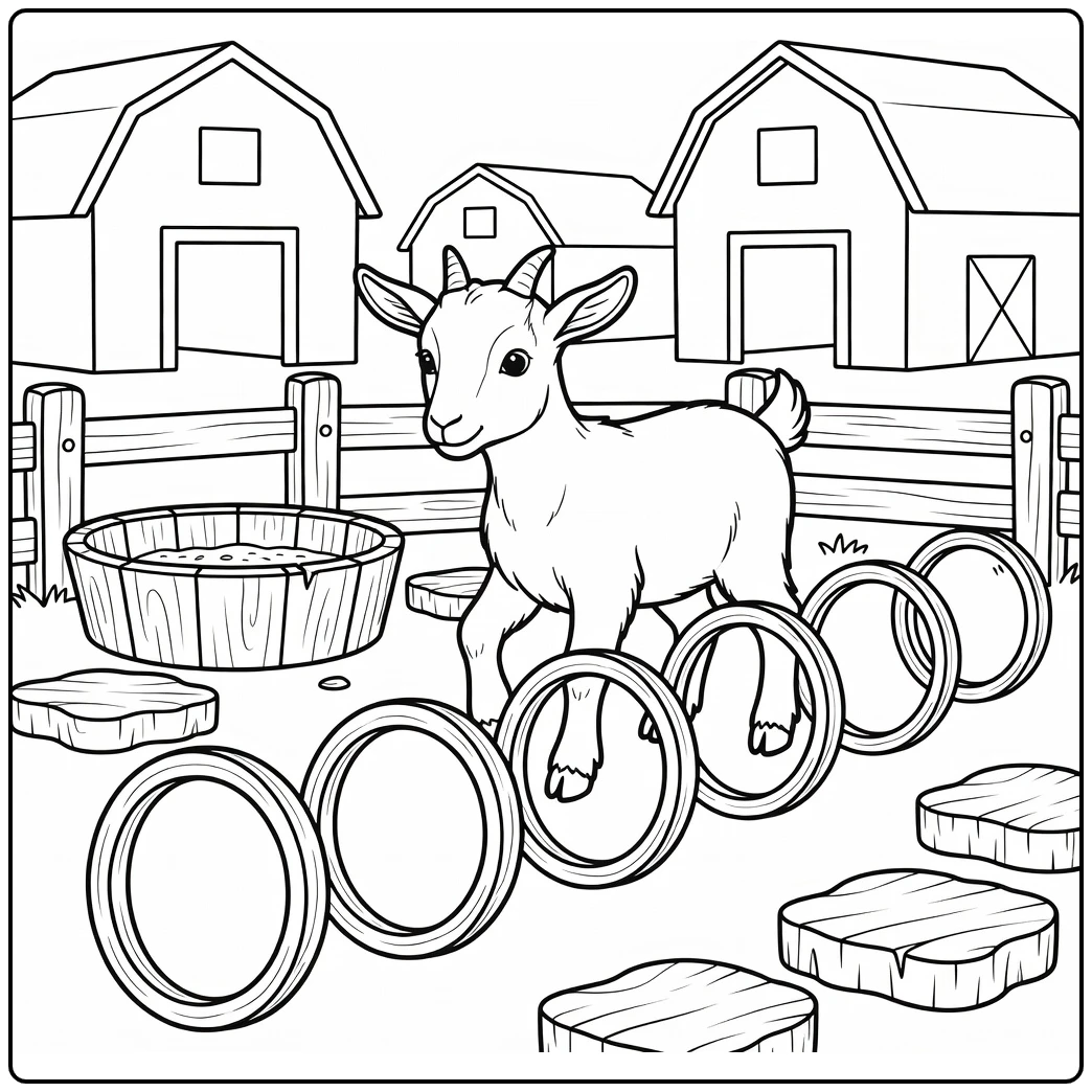 Kindergarten farm animals coloring page: goat steps through hoops