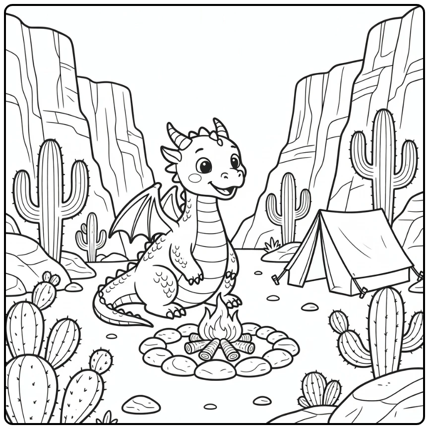 Cute western dragon by campfire in canyon dragon coloring page