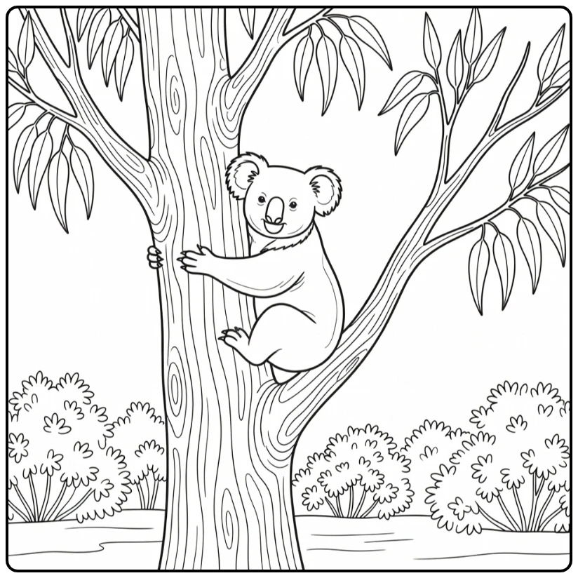 Realistic animal coloring page: koala hugging tree trunk