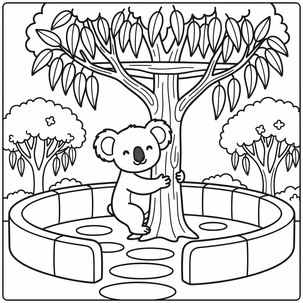 Cute koala hugging eucalyptus tree in zoo coloring page