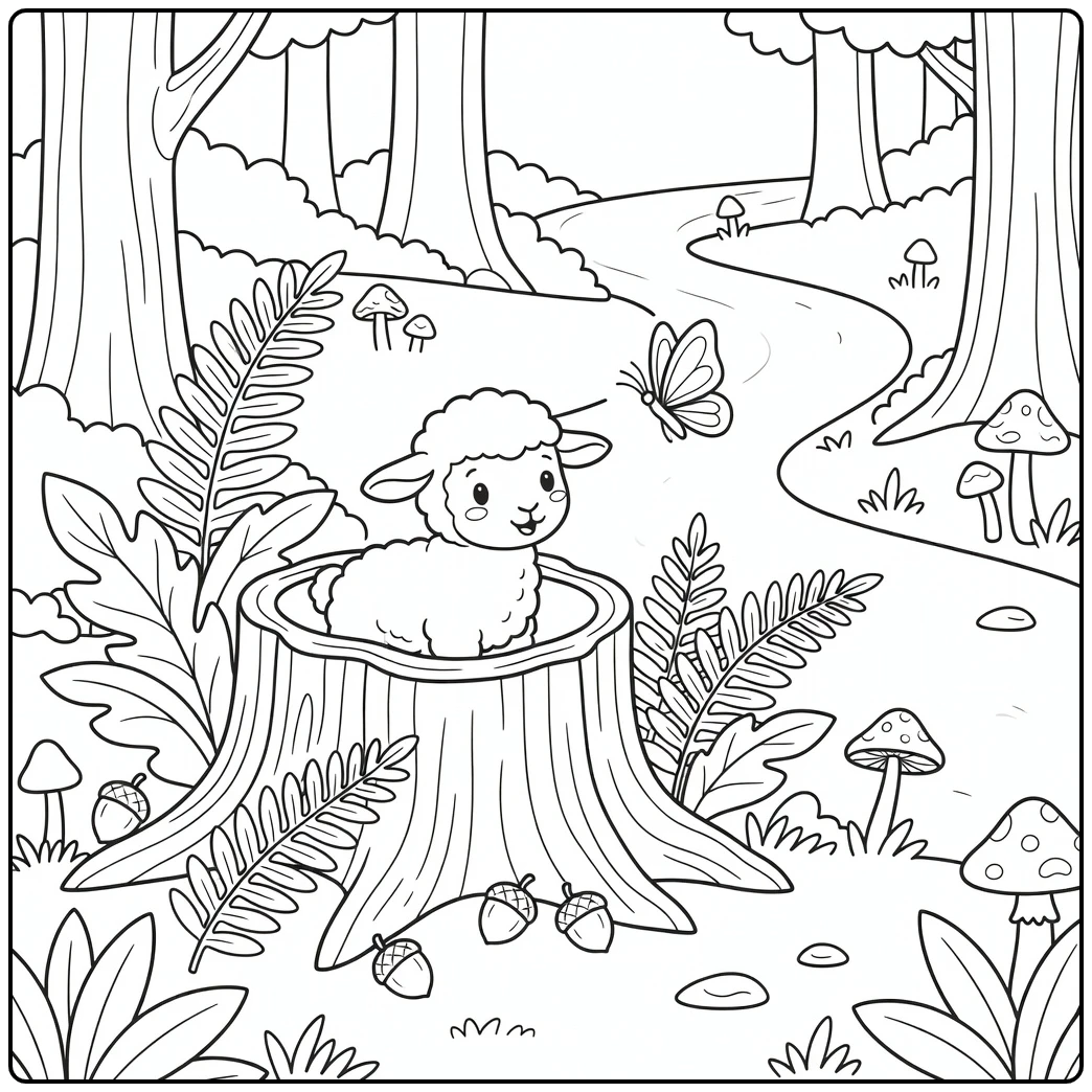 Lamb coloring page with cute lamb peeking at butterfly