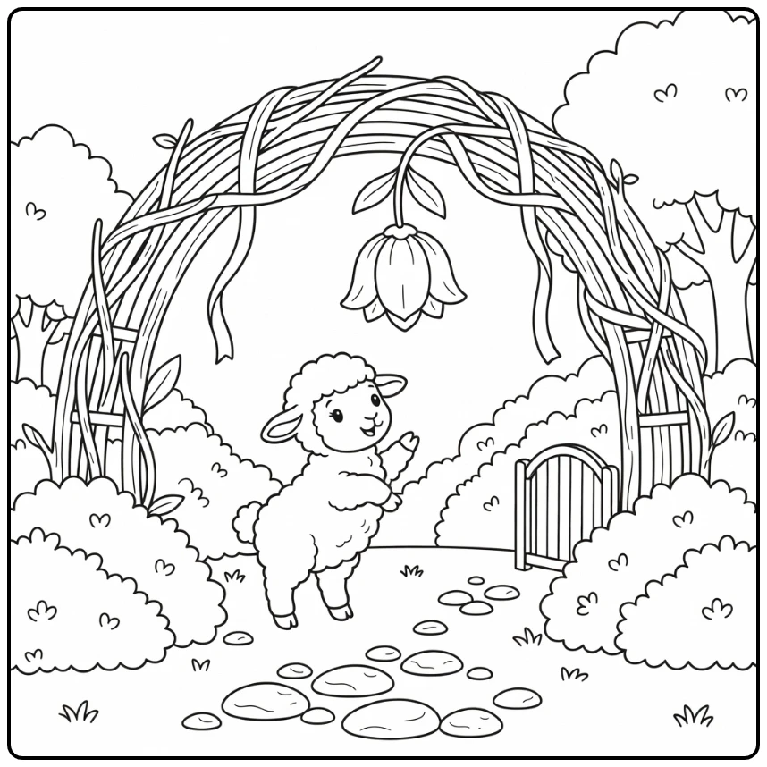 Lamb coloring page with lamb under garden trellis
