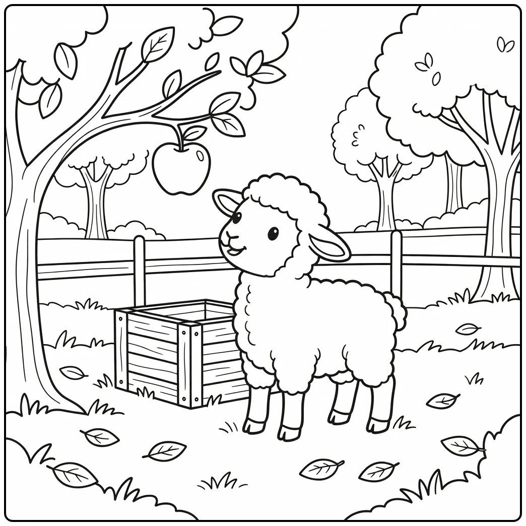 Lamb coloring page of cute lamb reaching for apple